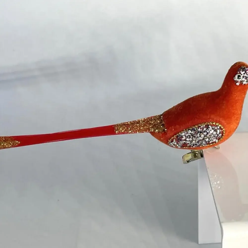 Vintage Flocked Glitter Long Tail Bird Clip On‎ Christmas Ornaments Orange White
